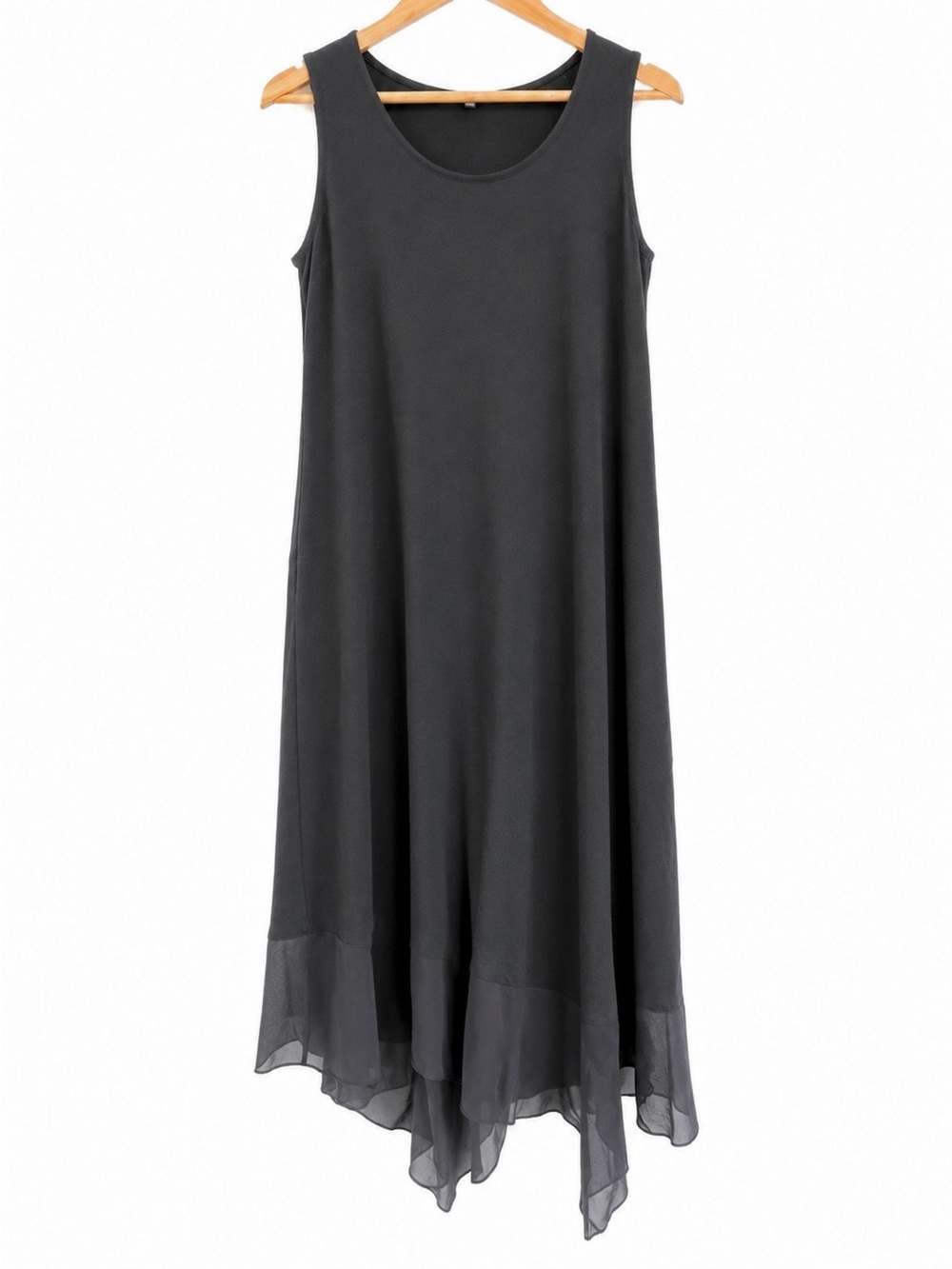 Eileen Fisher S black rayon jersey midi dress sheer, asymmetrical mesh hem goth